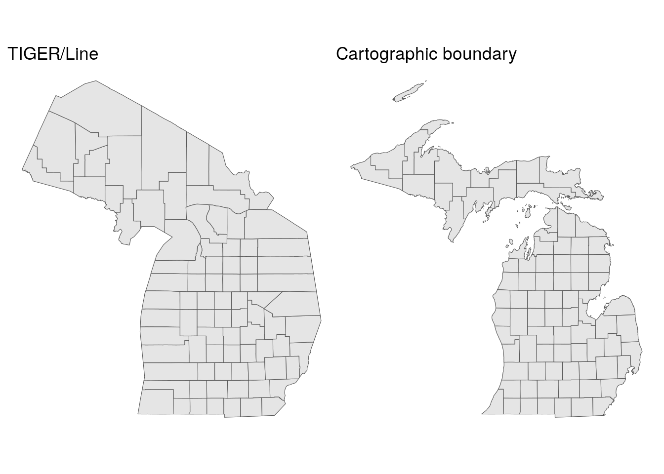 Comparison of TIGER/Line and cartographic boundary files for Michigan counties