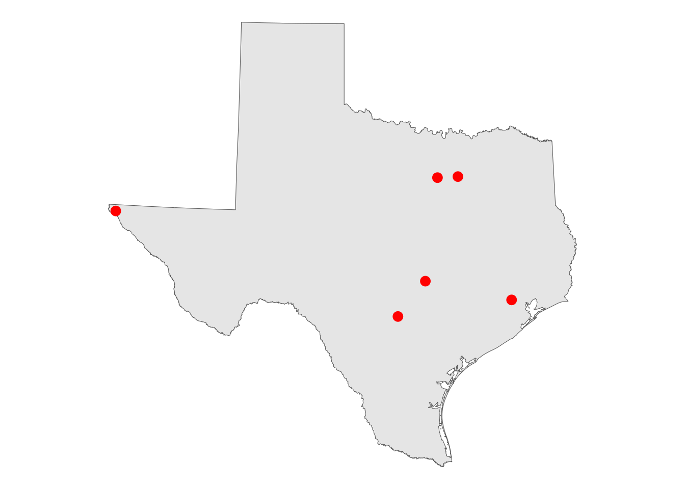 Large cities in Texas represented as points