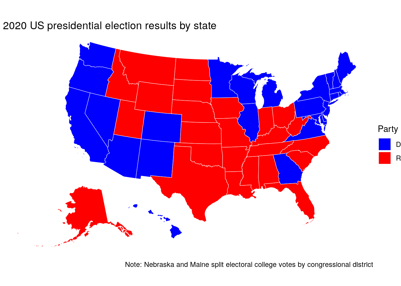 Map of the 2020 US presidential election results with ggplot2