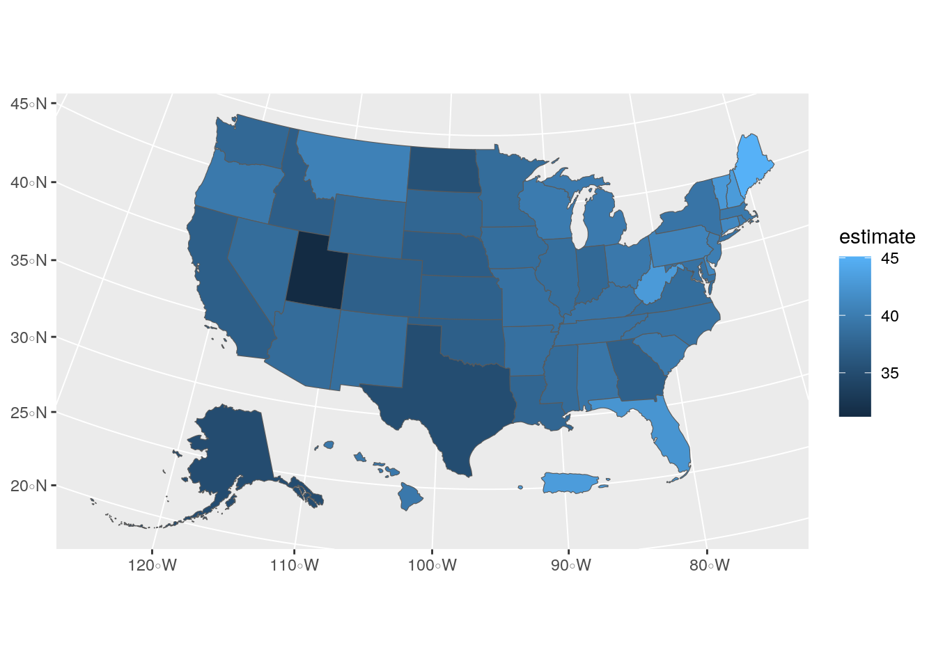 US choropleth map with ggplot2 defaults
