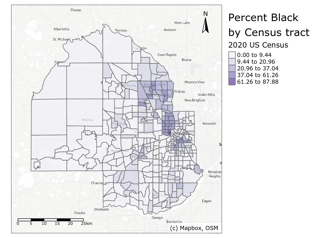 Map of percent Black in Hennepin County with reference elements