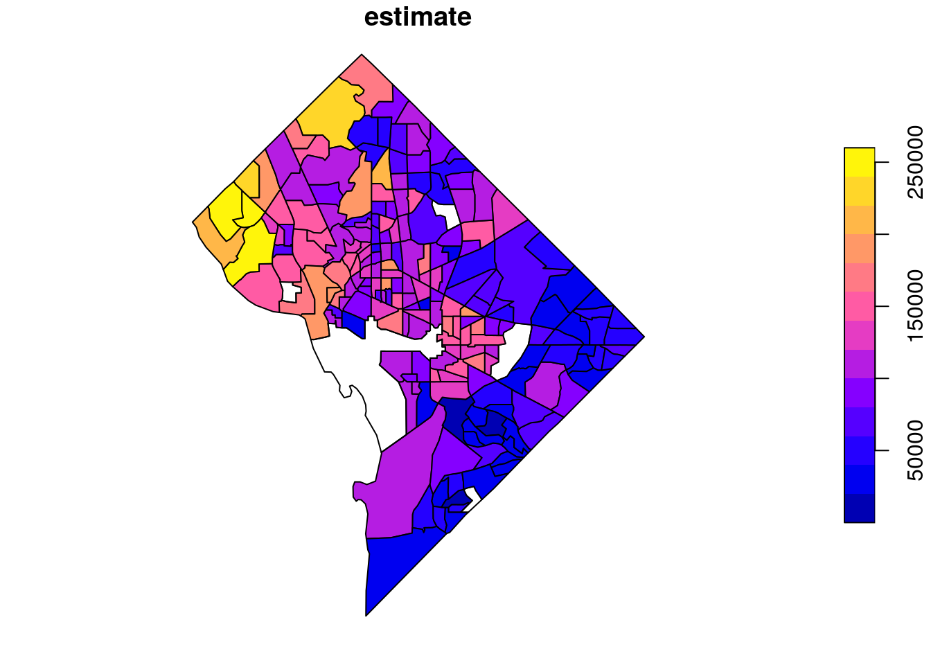 Base R plot of median household income by tract in DC