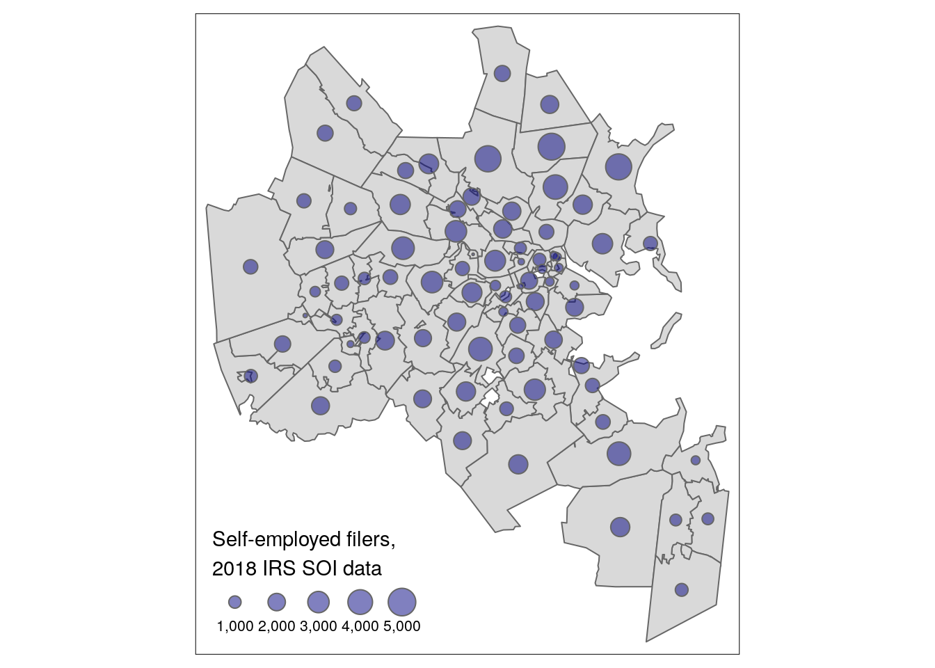 Graduated symbol map of self-employment by ZCTA in Boston