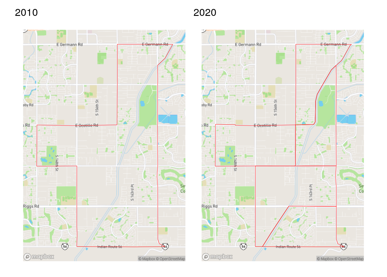 Comparison of Census tracts in Gilbert, AZ from the 2010 and 2020 Census