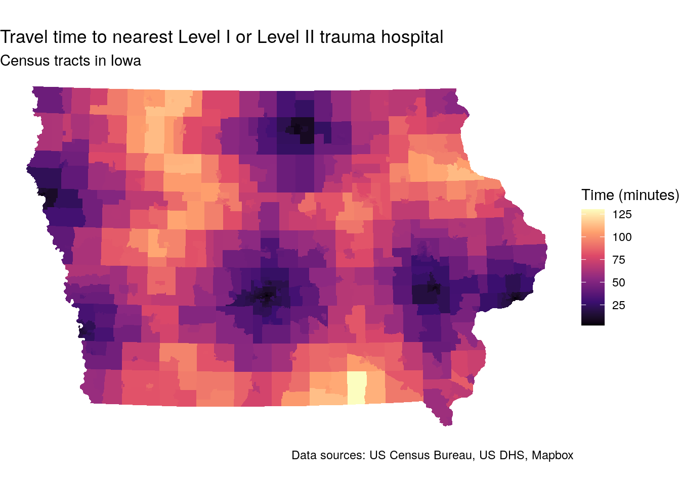 Map of travel-times to trauma centers by Census tract in Iowa