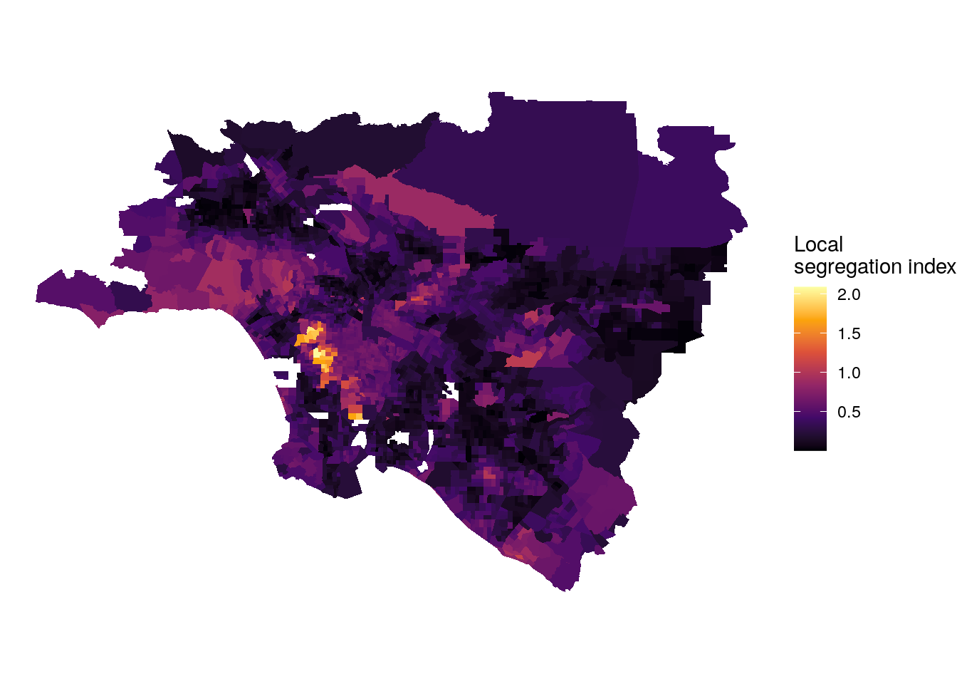 Map of local multi-group segregation scores in Los Angeles