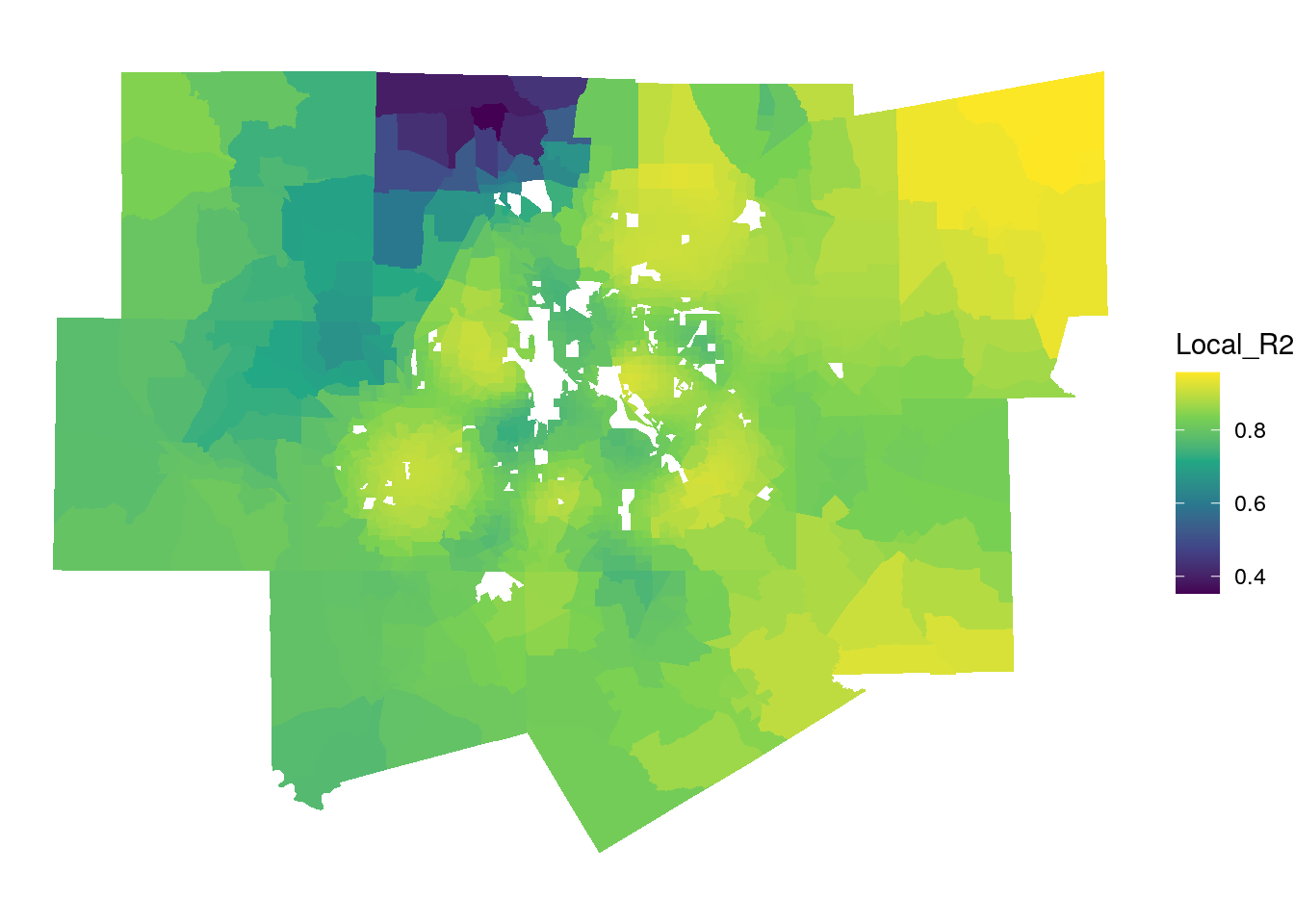 Local R-squared values from the GWR model