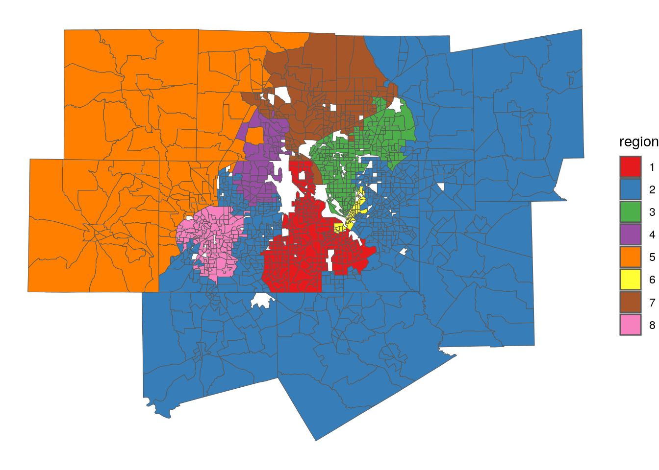 Map of contiguous regions derived with the SKATER algorithm