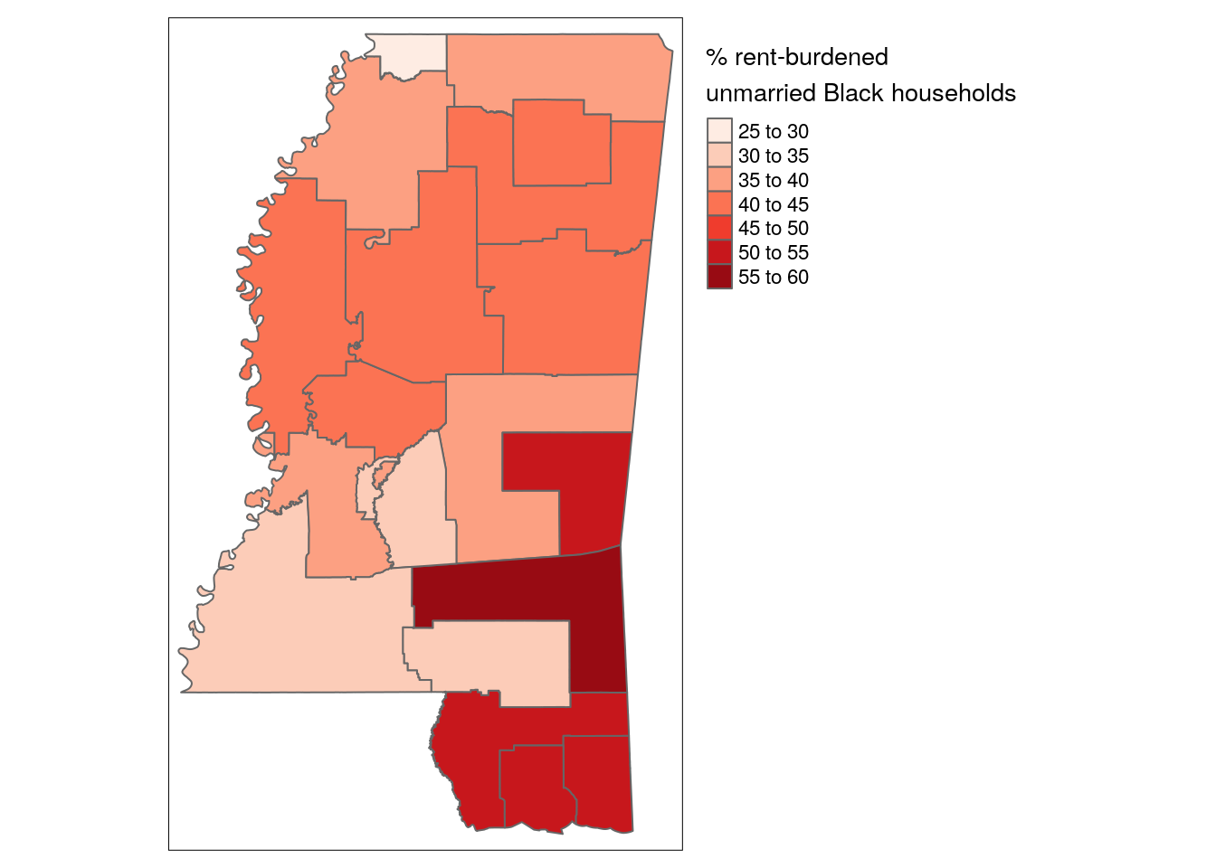 Map of rent-burdened unmarried Black household share by PUMA in Mississippi