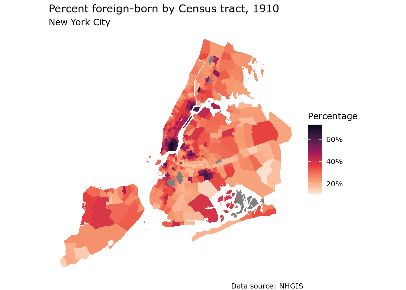 Percent foreign-born by Census tract in NYC in 1910, mapped with ggplot2