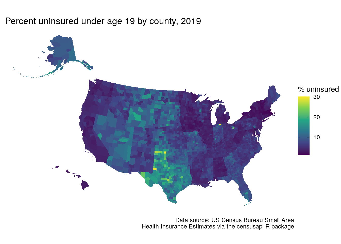 Map of youth without health insurance using censusapi and tigris