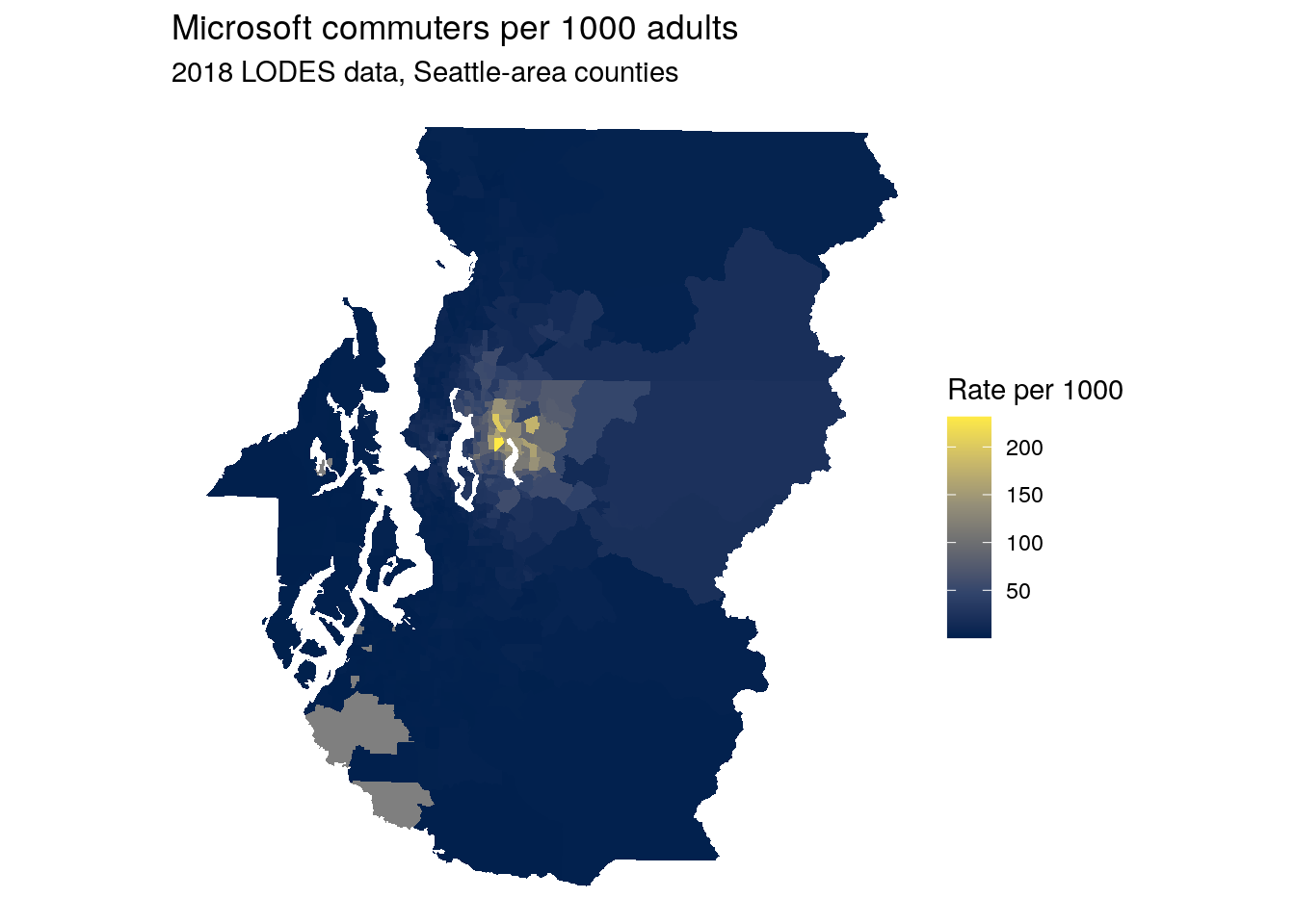 Map of commuter origins to the Microsoft Campus area, Seattle-area counties