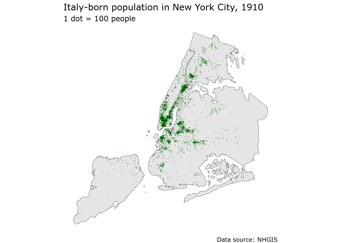 Dot-density map of the Italy-born population in NYC in 1910, mapped with ggplot2
