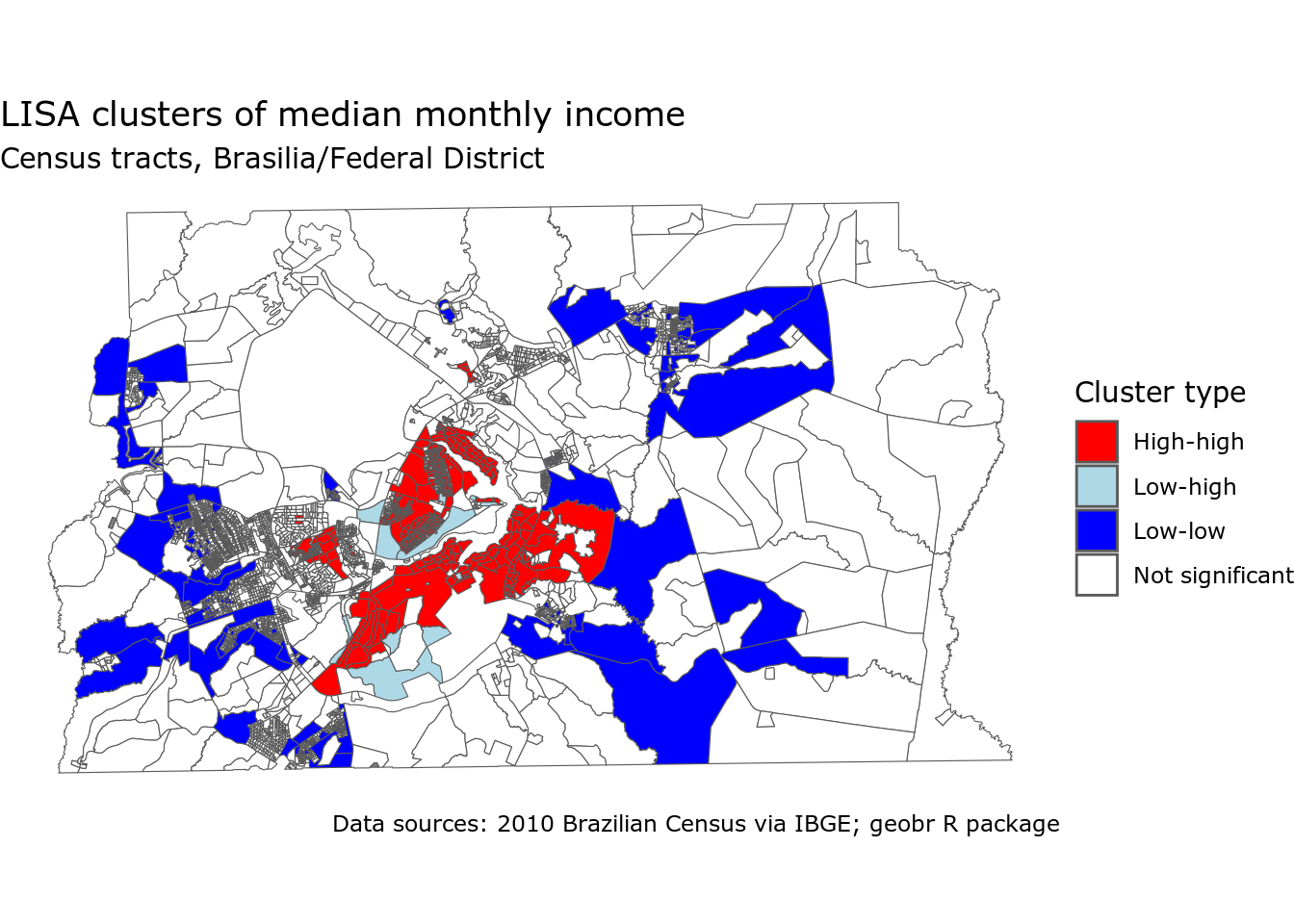 LISA cluster map of median monthly income by Census tract in Brasilia