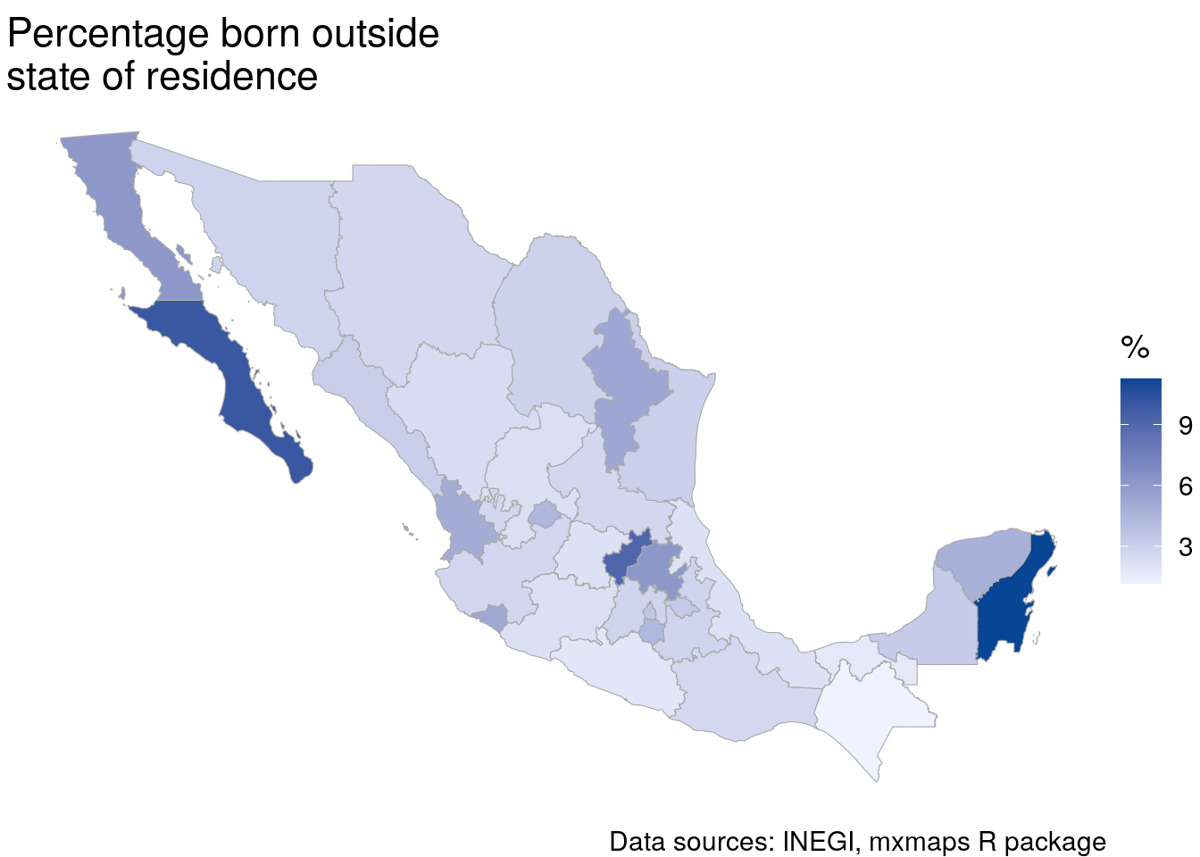 Choropleth map of internal migration in Mexico by state