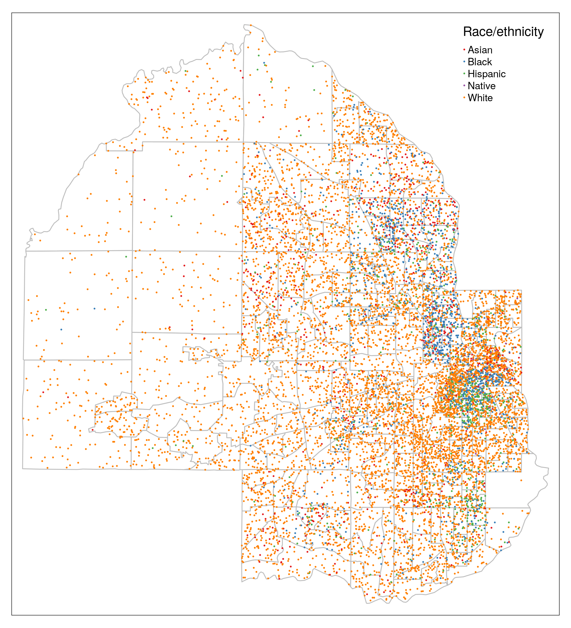 Dot-density map of race and ethnicity in Hennepin County, Minnesota
