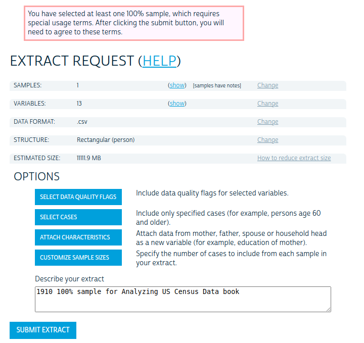 IPUMS extract request screen