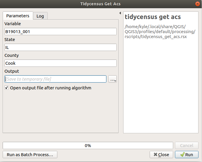 Example tidycensus tool in QGIS