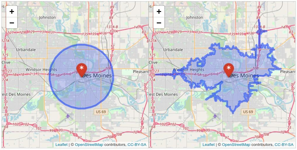 Synced map showing buffer and isochrone-based catchment areas in Des Moines