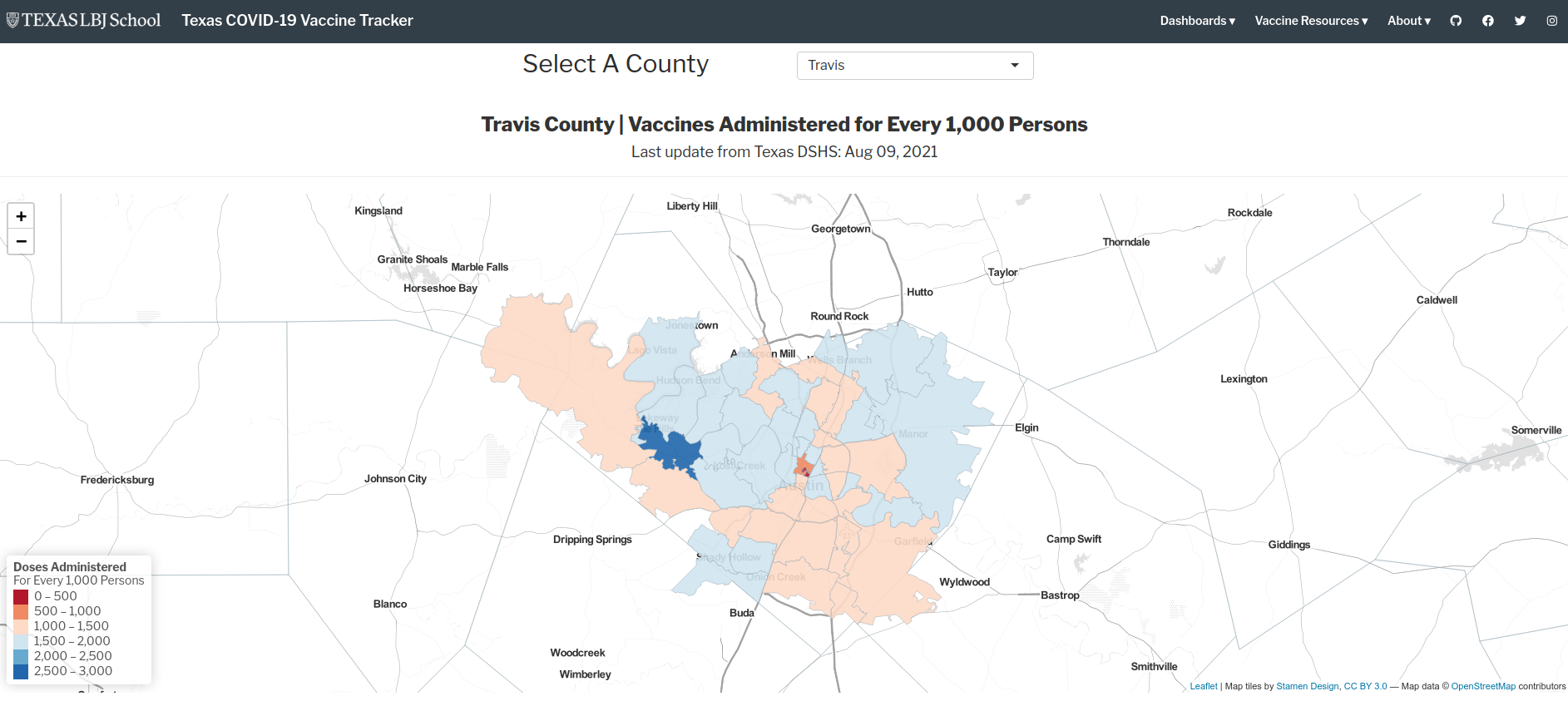 Screenshot of the Texas COVID-19 Vaccine Tracker website