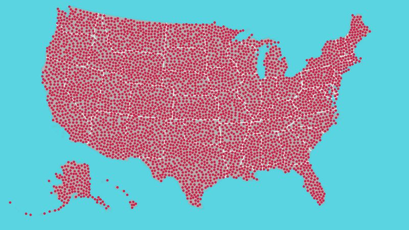 Map of randomly-placed red dots from satirical publication Clickhole